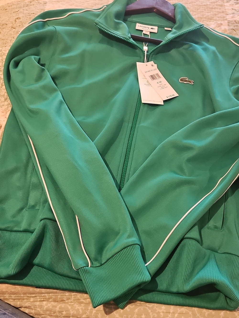 Lacoste Green Zip-Front Varsity Track Jacket with White Piping